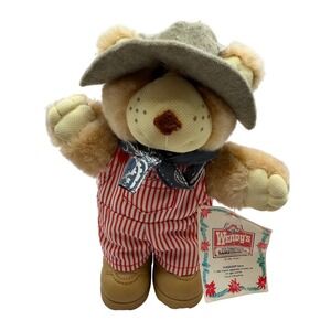Vintage 1986 Wendys Furskins Bear Plush Appalachian Artworks Striped Overalls